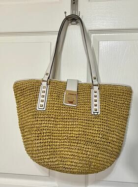 Michael Kors Beachy Casual Raffia White Leather Shoulder Bag Tote Handbag
